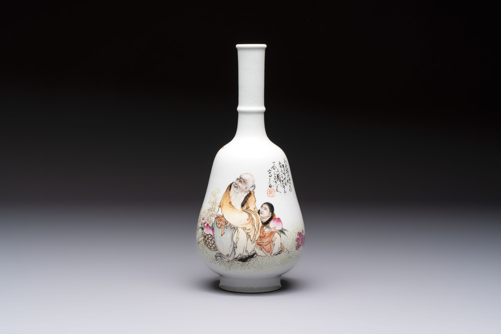 A Chinese famille rose 'Shoulao' bottle vase, signed Wang Qi 王琦, Taozhai 匋斋 seal mark, dated 1943
