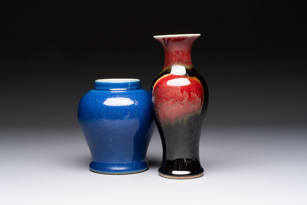 A Chinese blue-glazed jar and a flamb&eacute;-glazed vase, 19/20th C.