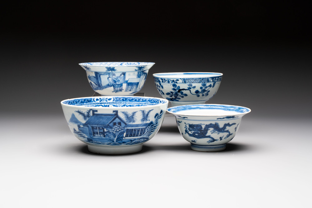 Four Chinese blue and white bowls, Qi Zhen Ru Yu 奇珍如玉 and Ding mark, Kangxi/Qianlong