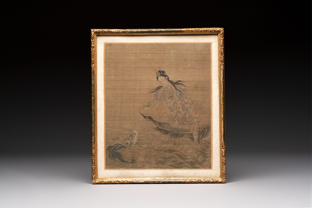 Chinese school: 'Bodhisattva and a Dragon', ink and colour on silk, 19th C.