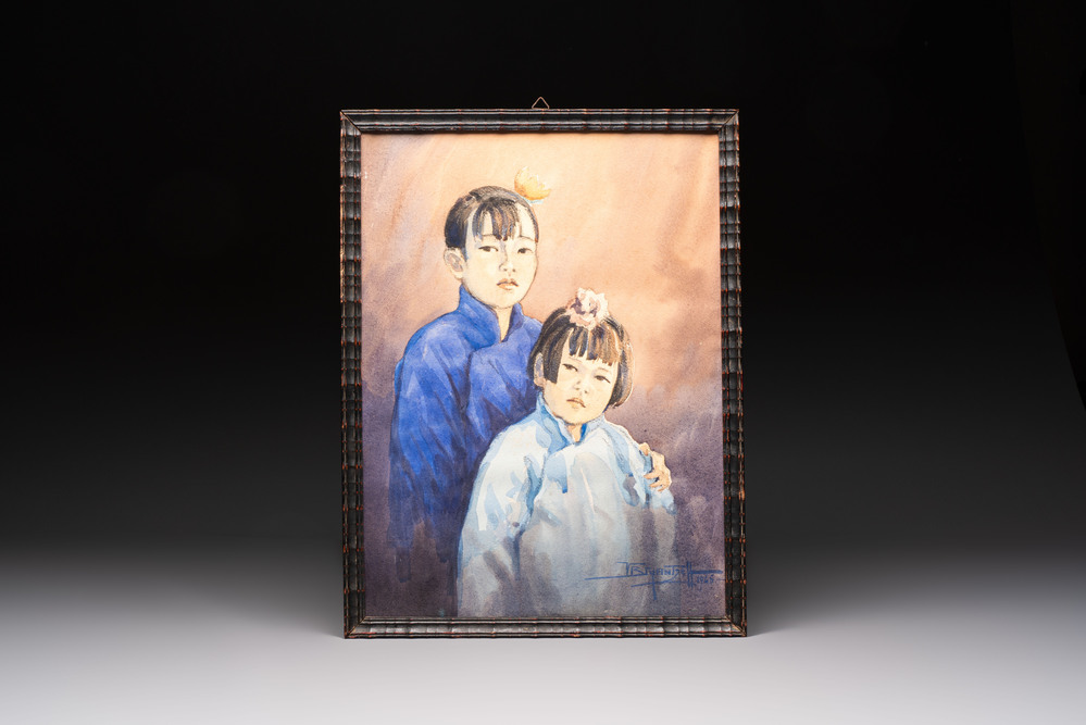 Chinese school: 'Portrait of Two Children', watercolour on paper, signed and dated 1946