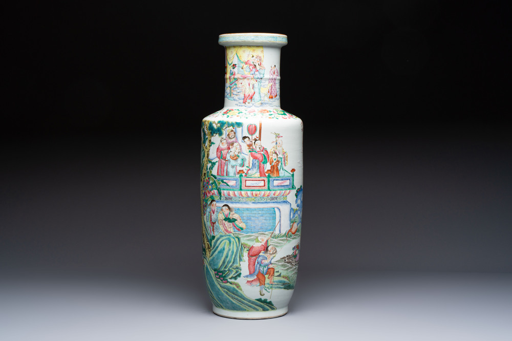 A Chinese famille rose 'Qun Xian Zhu Shou 群仙祝壽' rouleau vase, Qianlong mark, 19th C.