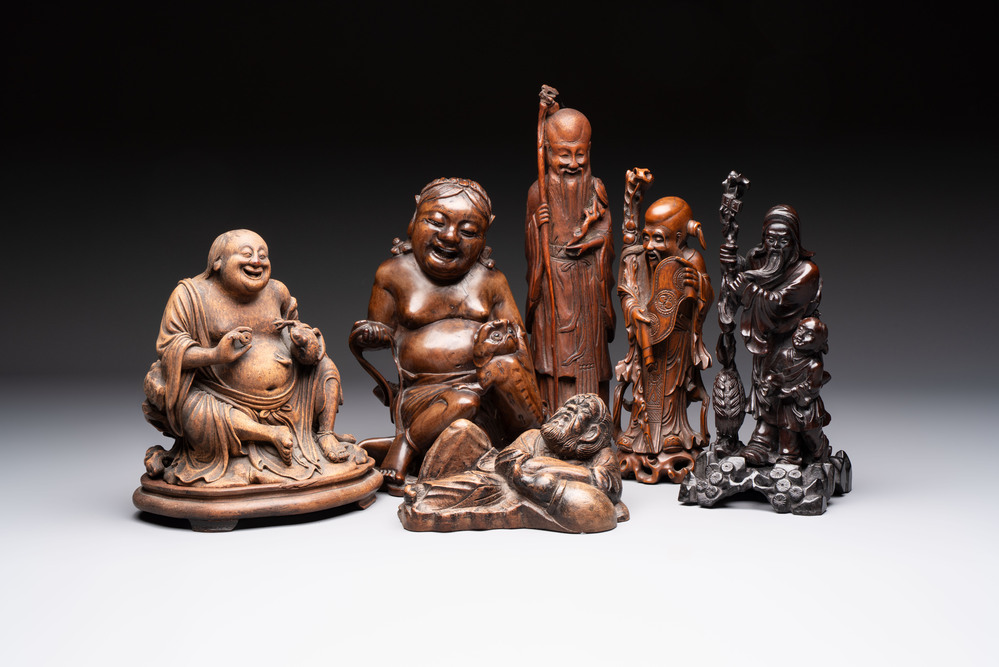 Six Chinese wooden and bamboo carvings, 19/20th C.