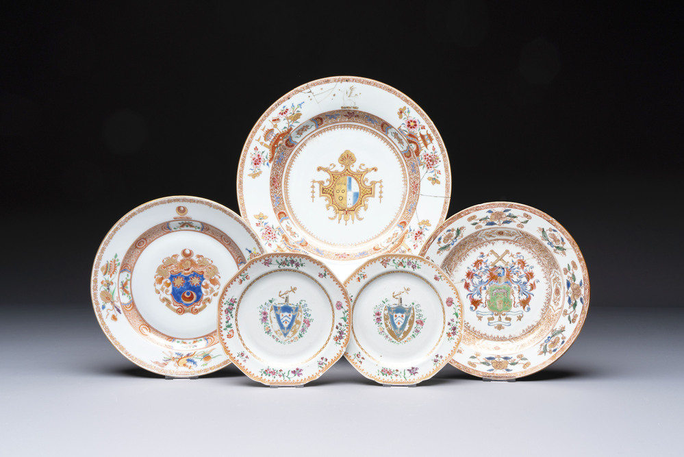 Four Chinese famille rose armorial plates and a dish, Qianlong