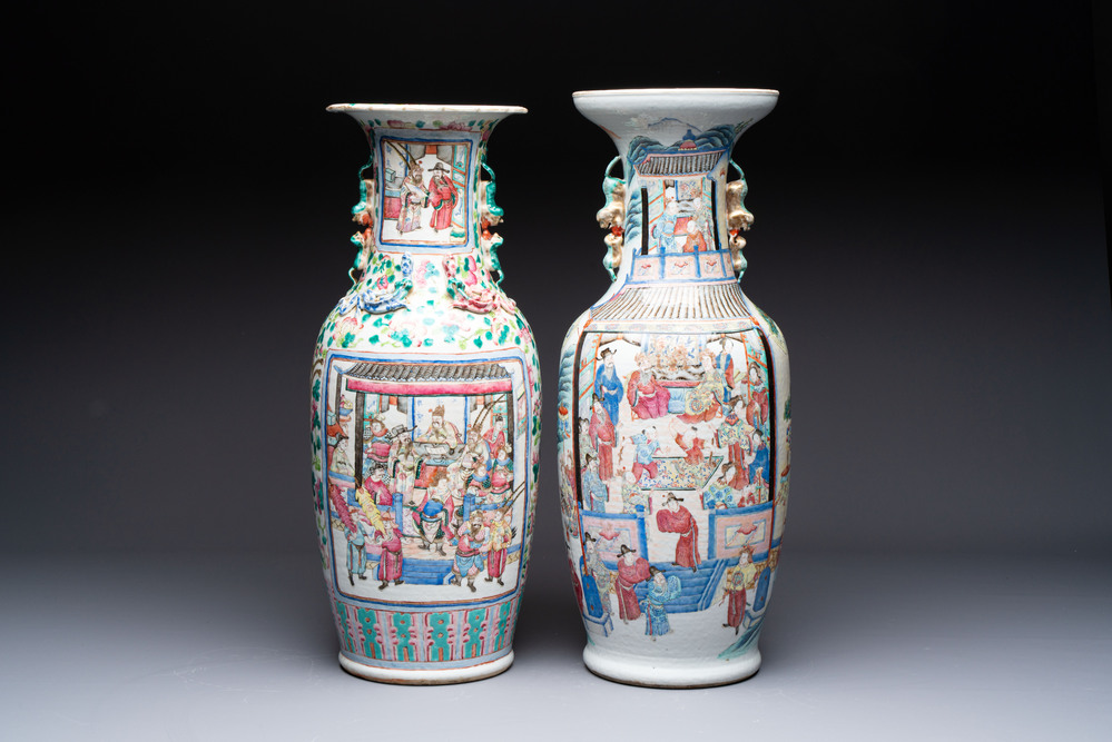 Two Chinese Canton famille rose vases with narrative design, 19th C.