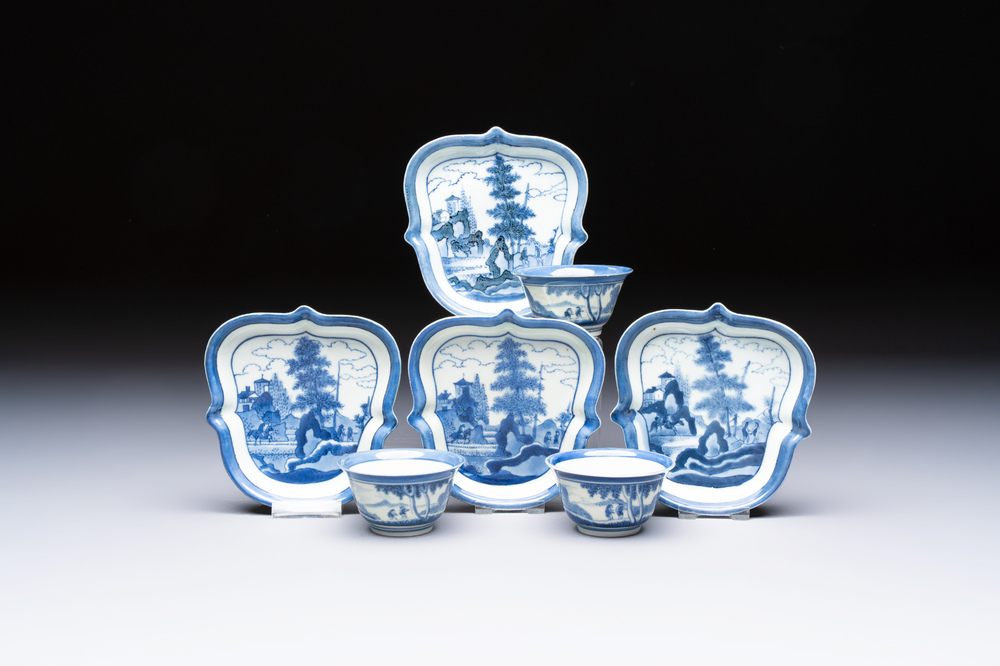 Three Japanese Arita blue and white &lsquo;Van Frytom&rsquo; cups and four shield-shaped saucers, Ming and Chenghua mark, ca. 1700