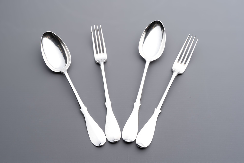 Two sets of silver spoons and forks, Bruges, dated (17)94