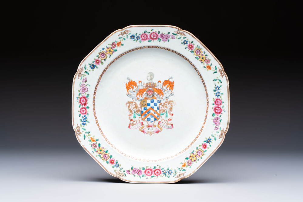 A Chinese famille rose armorial plate with the arms of Clerke for the English market, Qianlong, ca. 1765