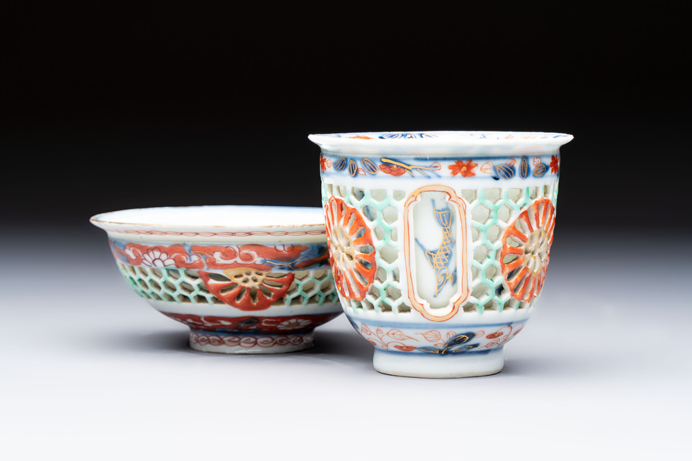 A rare Chinese famille verte reticulated double-walled cup and saucer, artemisia leaf mark, Kangxi