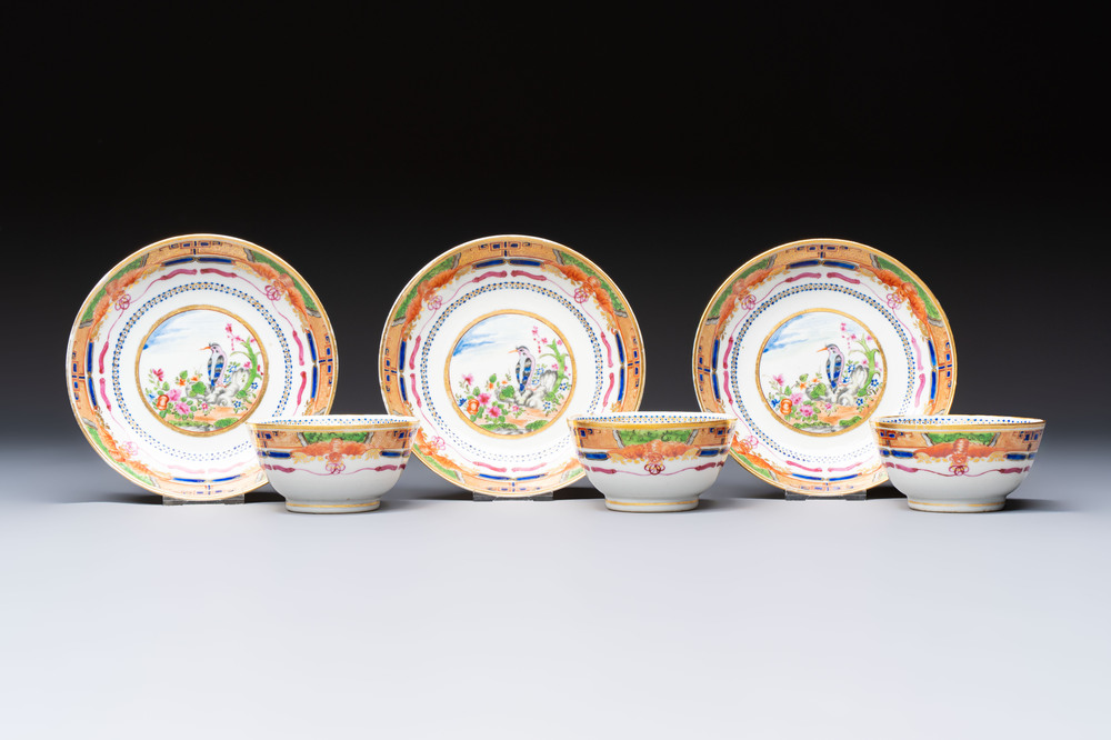 Three sets of Chinese famille rose gilt-decorated 'Bird among Flowering Branches' cups and saucers, 19th C.
