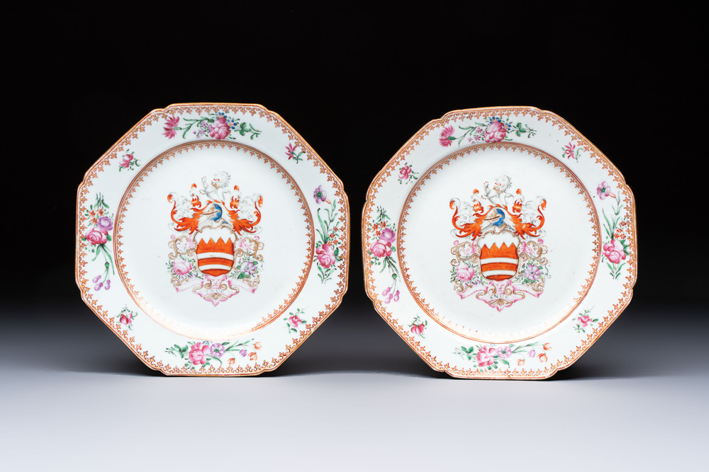 A pair of Chinese famille rose armorial plates with the arms of Hare for the English market, Qianlong, ca. 1755