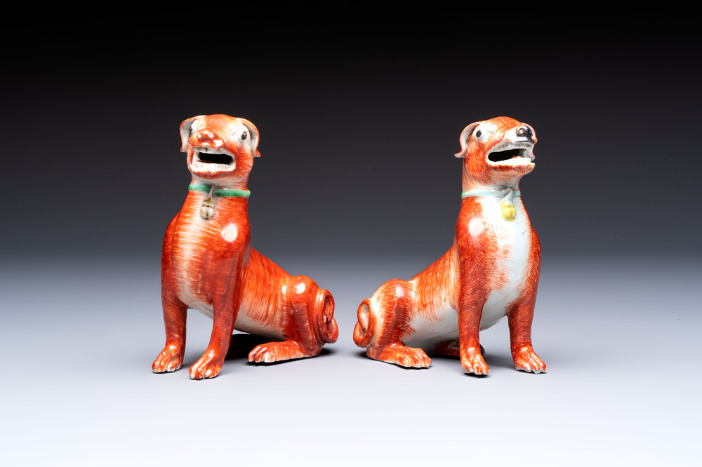 A pair of Chinese polychrome export models of dogs, Qianlong