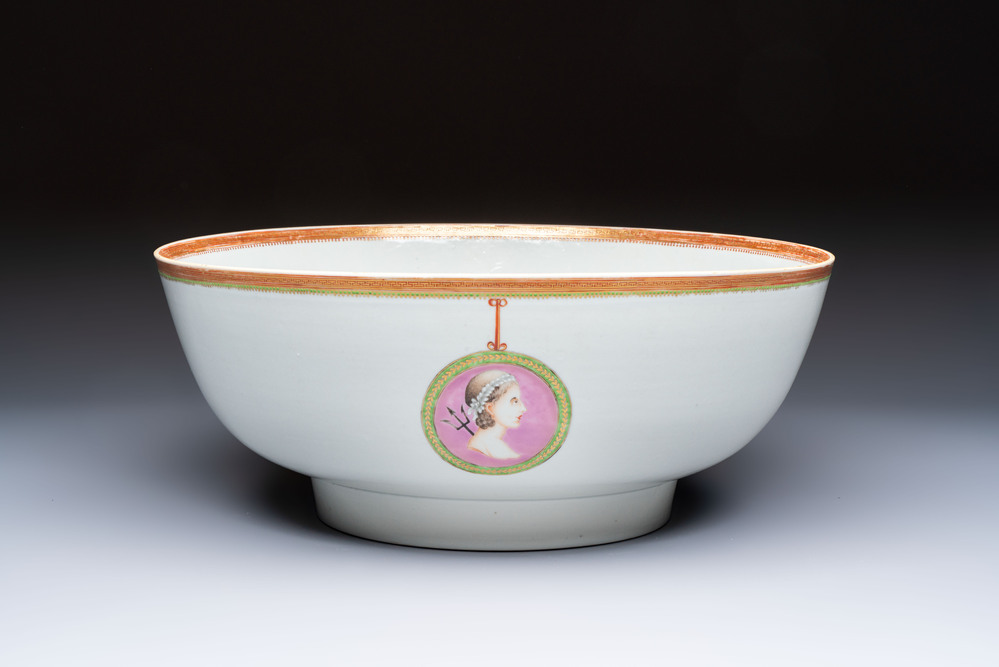 A rare and large Chinese famille rose 'Mythological Subject' punch bowl for the Danish market, Qianlong, ca. 1790