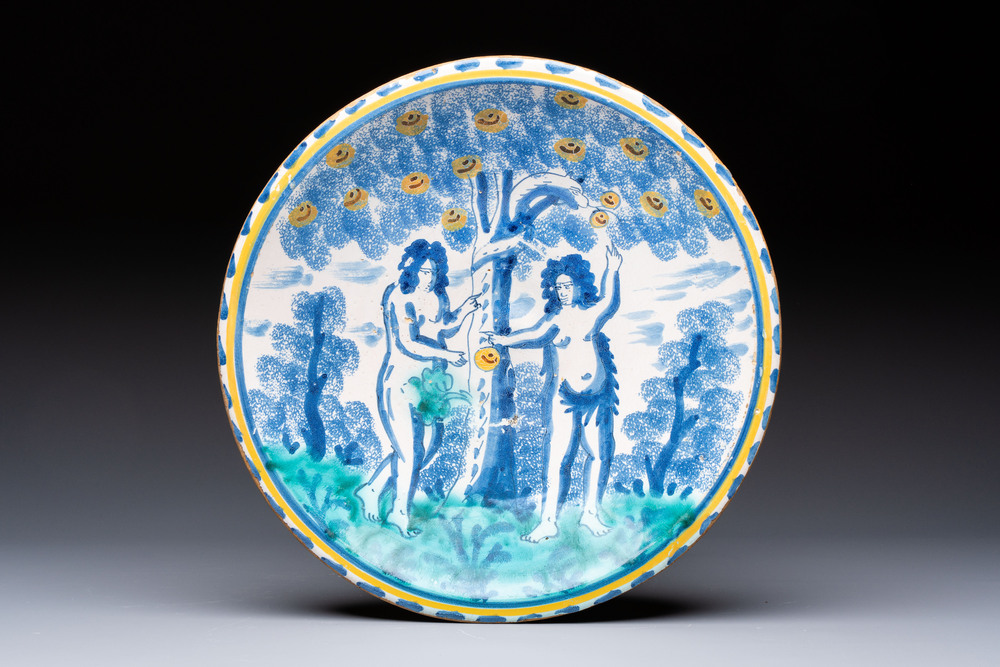 A polychrome English Delftware 'Adam and Eve in the Garden of Eden' dish, 17th C.