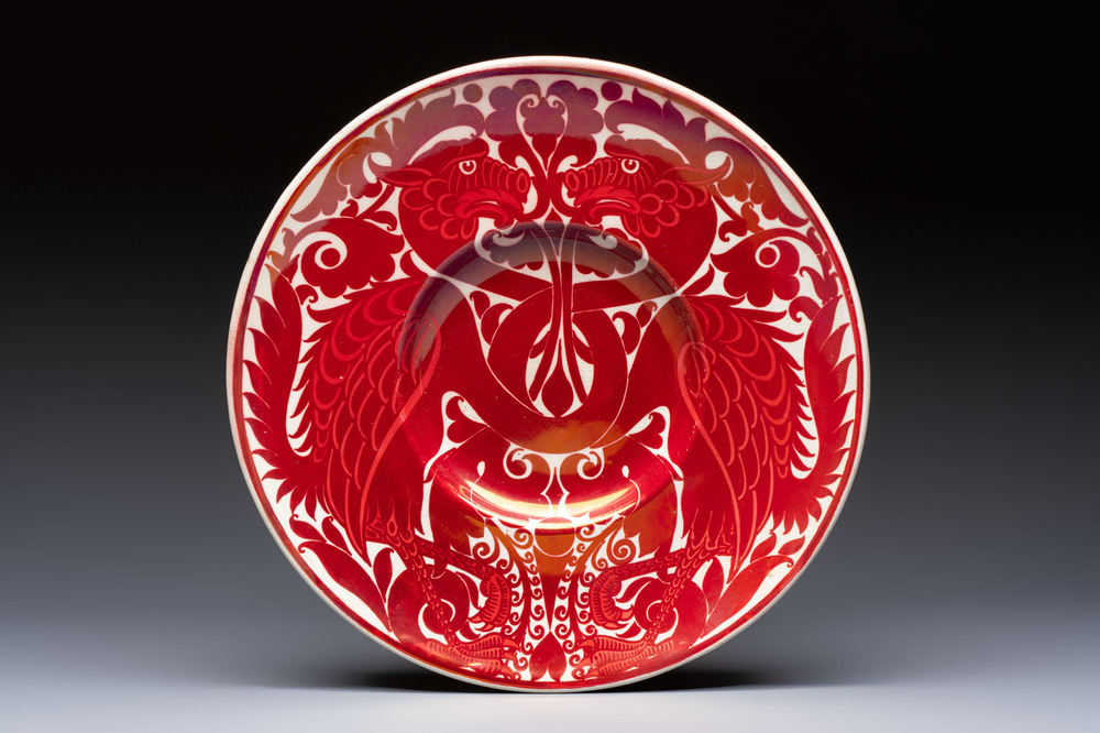 A William de Morgan lustreware 'Double Dragon' dish, late 19th C.