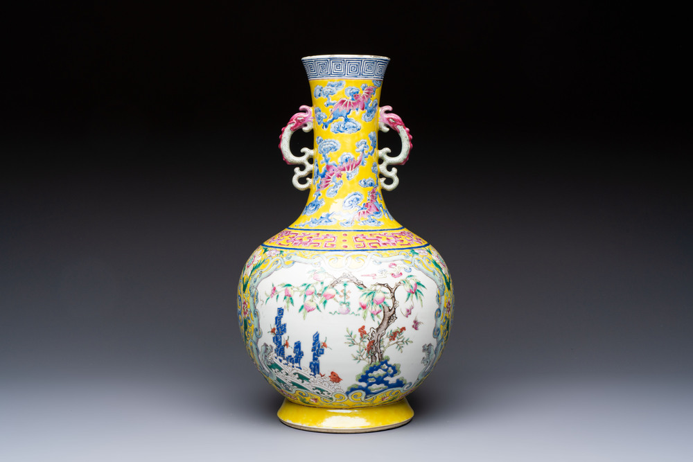 A Chinese famille rose yellow-ground &lsquo;Bats and Peaches&rsquo; bottle vase, Jiaqing/Daoguang