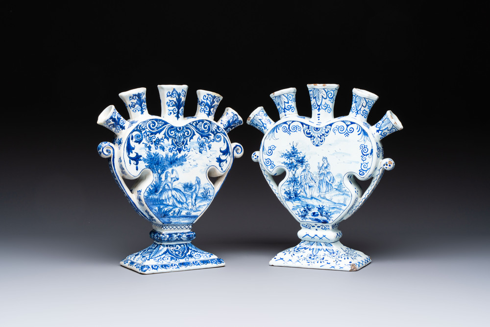 Two blue and white Dutch Delft heart-shaped tulip vases, 19th C.