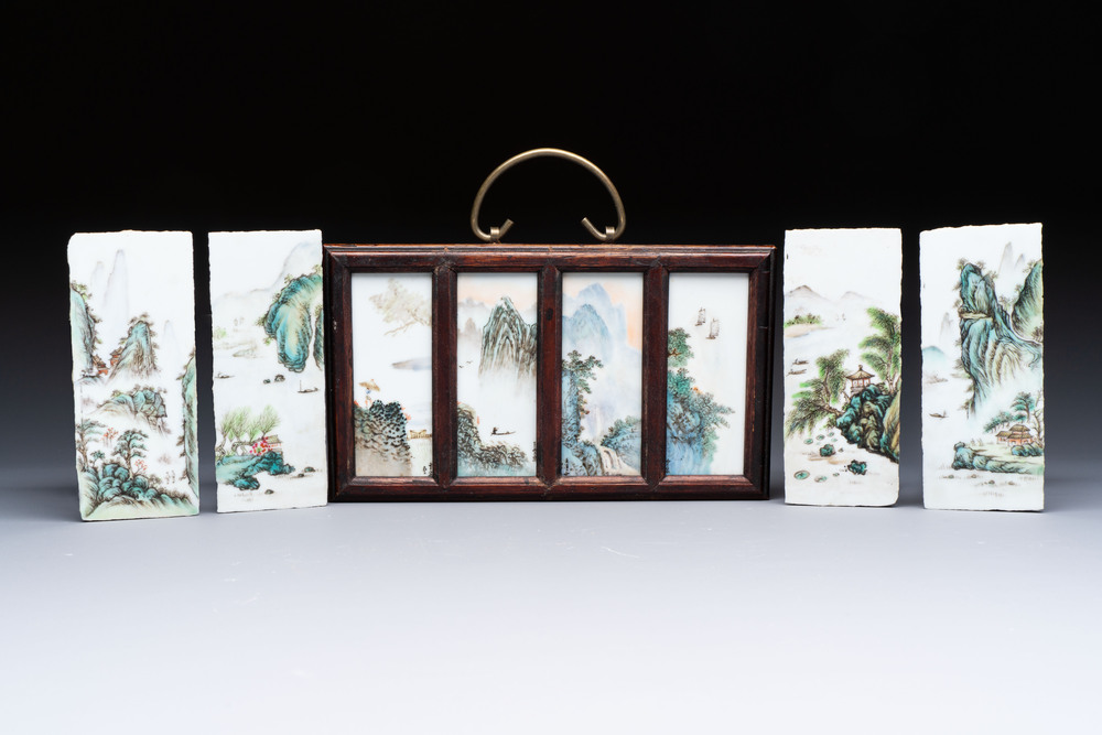A set of four Chinese famille rose 'Landscape' plaques mounted in a wooden frame, signed Wang Yunquan 王雲泉, together with four plaques, 20th C.