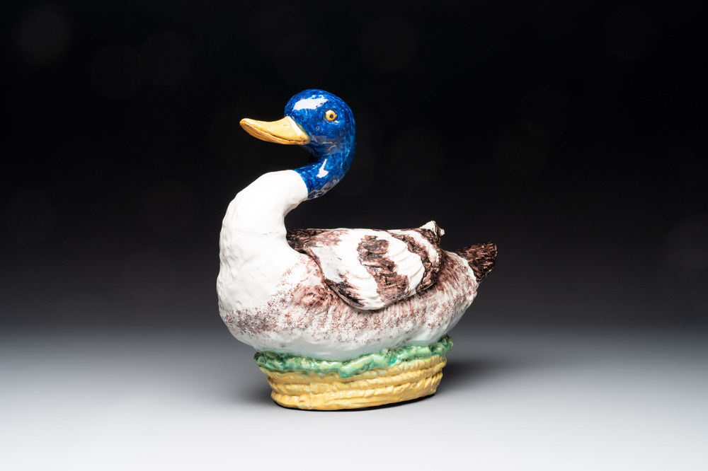 A polychrome Brussels faience duck-shaped tureen and cover, 2nd half 18th C.