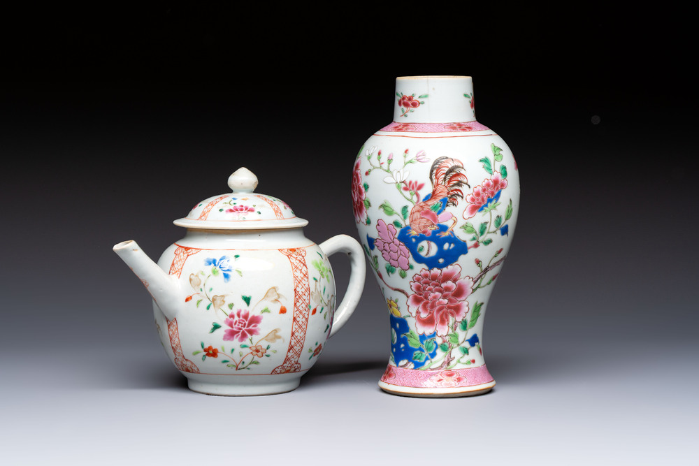 A Chinese famille rose 'Rooster' vase and a covered teapot with floral design, Qianlong