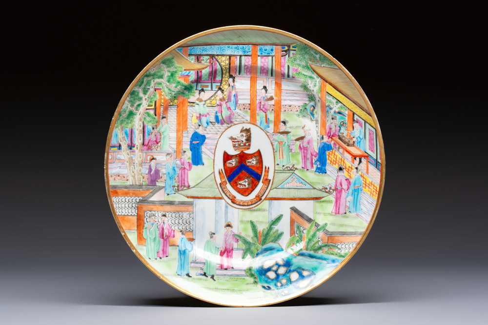A rare Chinese Canton famille rose armorial dish with the arms of Wight, ca. 1810