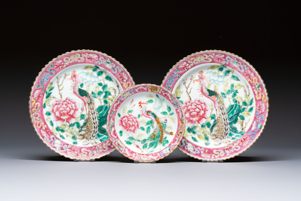 Three Chinese famille rose 'Phoenix and Peony' plates for the Straits or Peranakan market, Jingzhen Cao Shuntai Zao 景鎮曹順泰造 mark, 19th C.