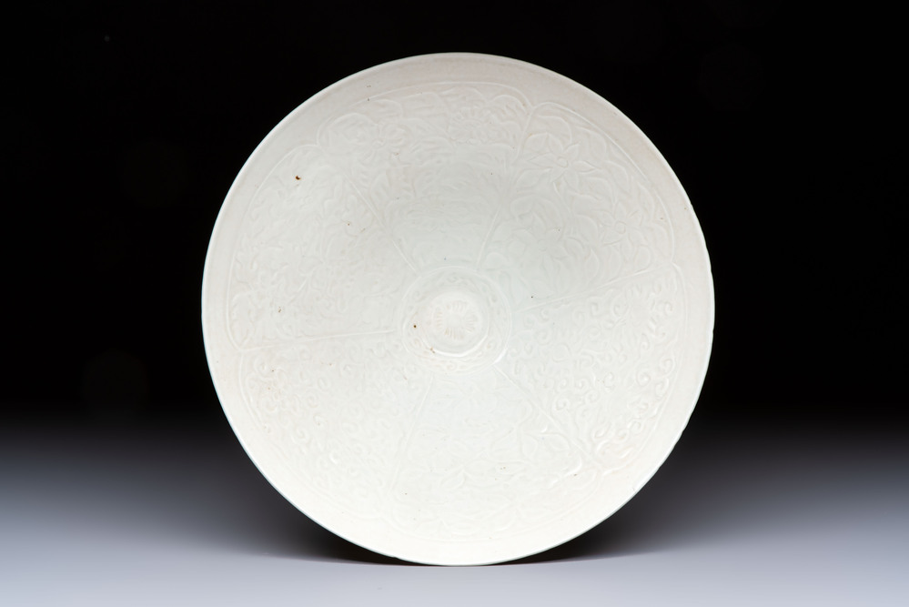 A fine Chinese qingbai conical bowl with incised floral design, Song