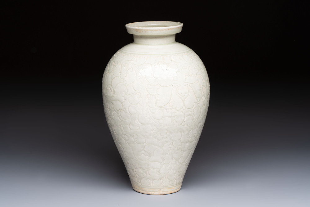 A Chinese qingbai 'Meiping' vase with incised floral design, Yuan or later