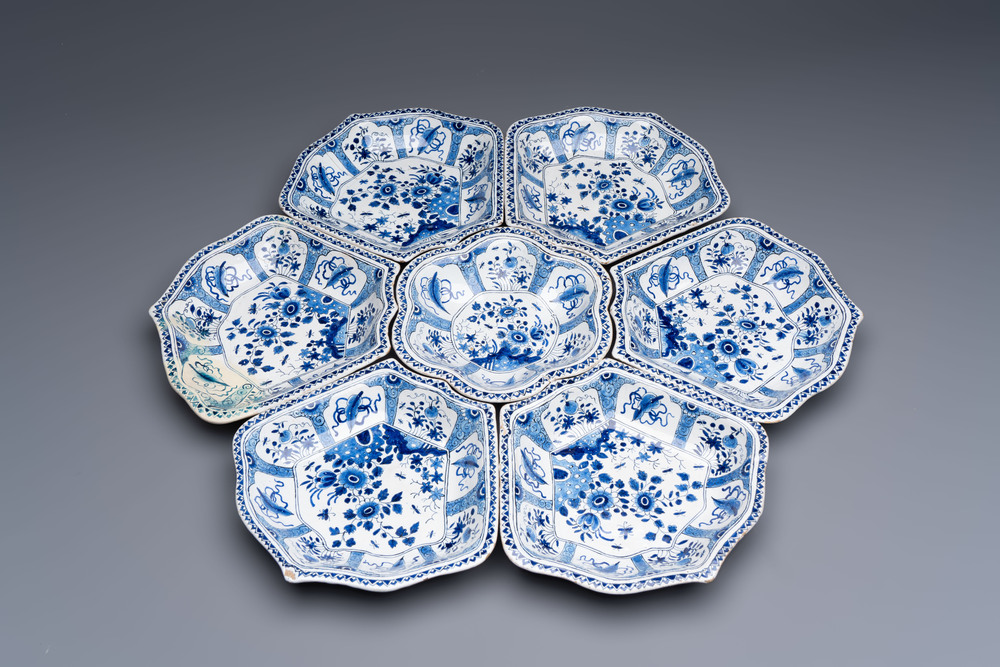 A blue and white Dutch Delft seven-piece sweetmeat dish set, 19th C.