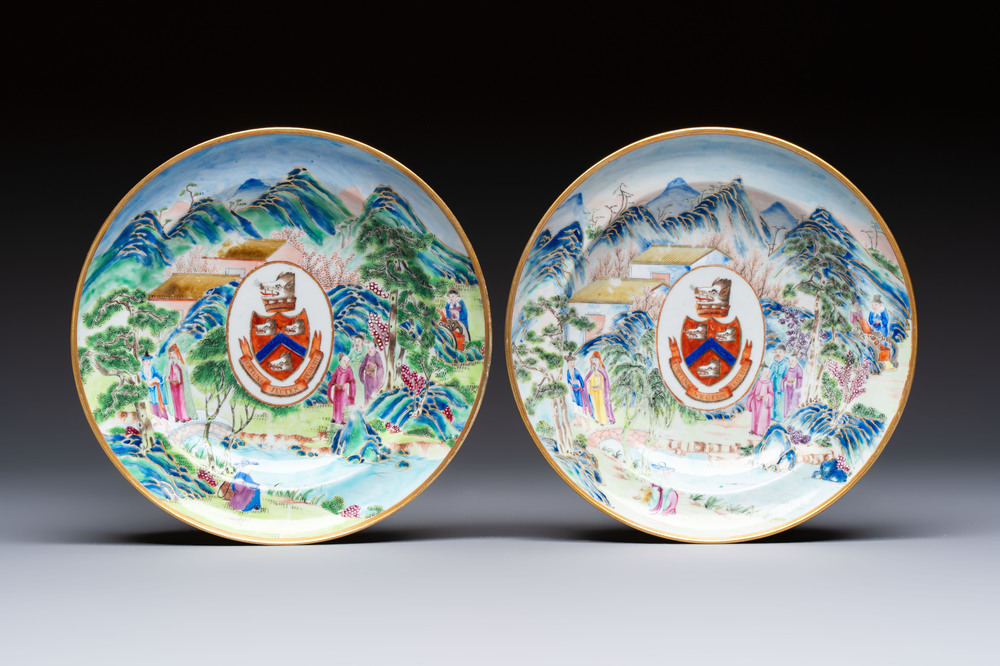 A rare pair of Chinese Canton famille rose armorial plates with the arms of Wight, ca. 1810