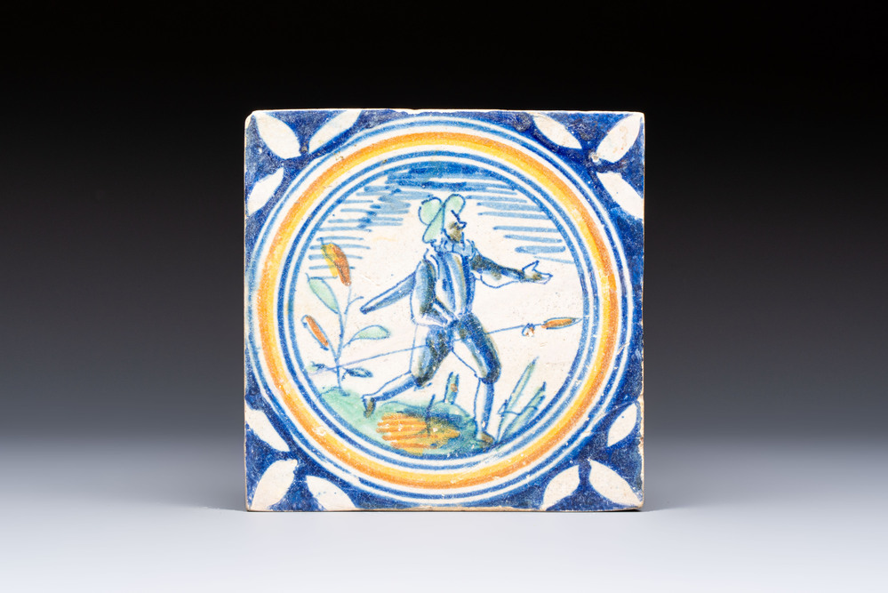 A polychrome English Southwark maiolica 'Hunter with Spear' tile, 17th C.