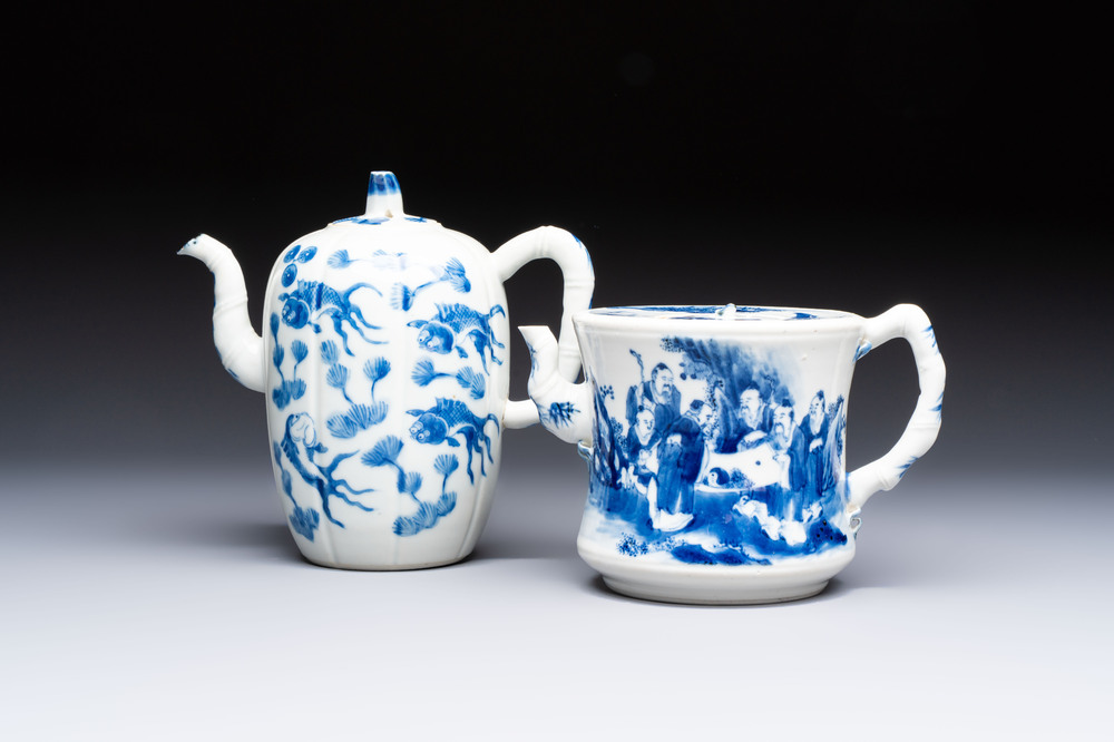 Two Chinese blue and white teapots and covers depicting goldfish and 'Wu Lao Guan Taiji 五老觀太極', Daoguang mark, 19th C.