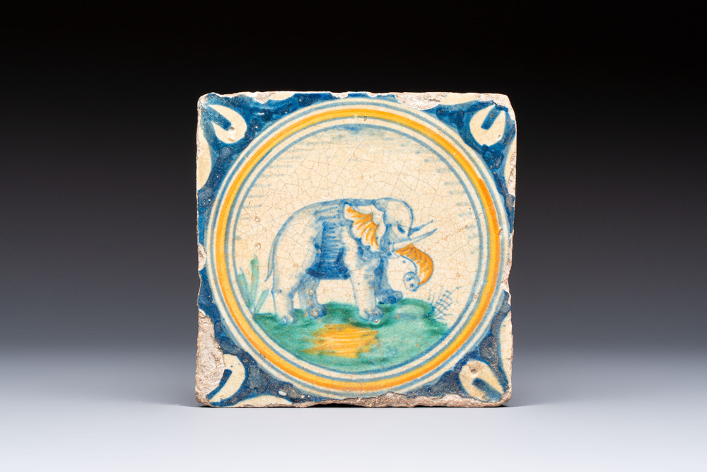 A polychrome Dutch Delft maiolica 'Elephant' medallion tile, 16th C.