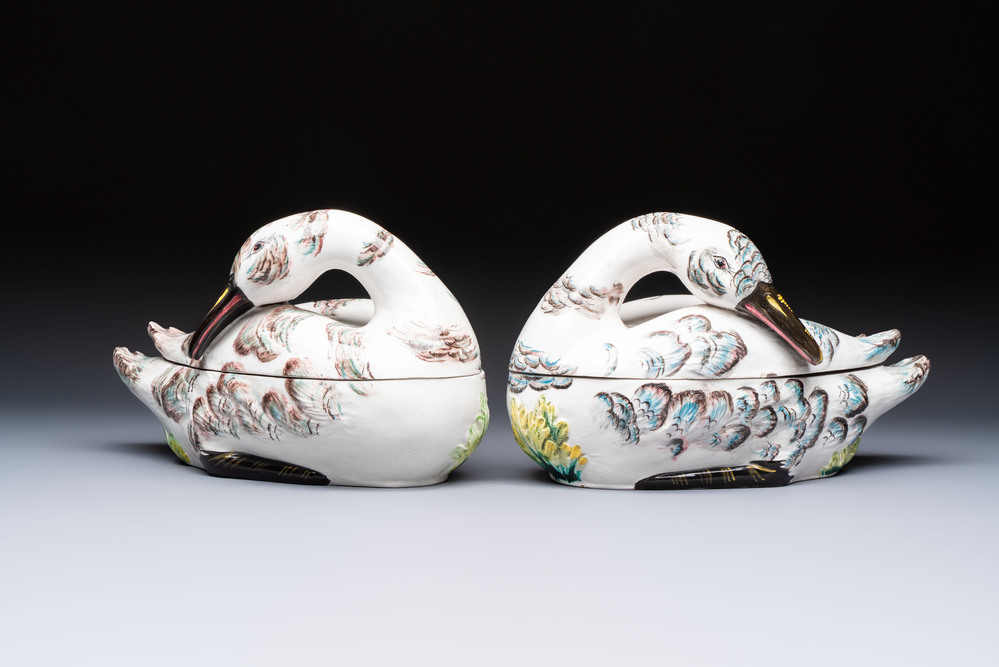 A pair of polychrome Italian faience goose-form tureens and covers, Bassano del Grappa, 19th C.