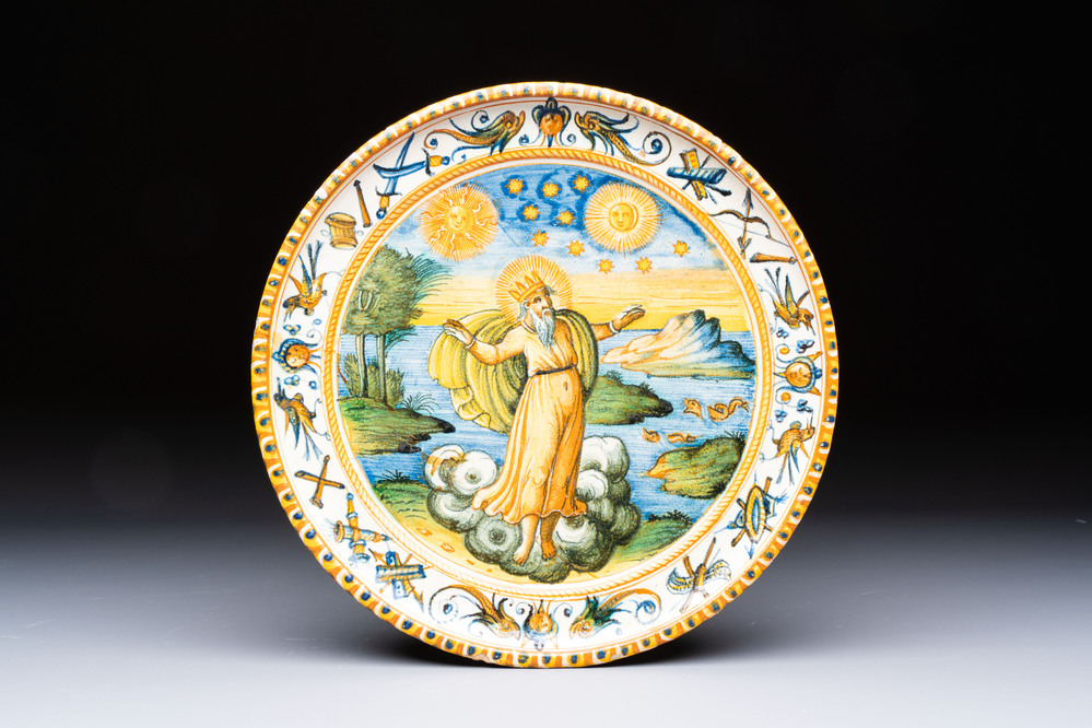 An Italian maiolica tazza depicting 'The Creation', probably Alfonso Patanazzi workshop, 17th C.