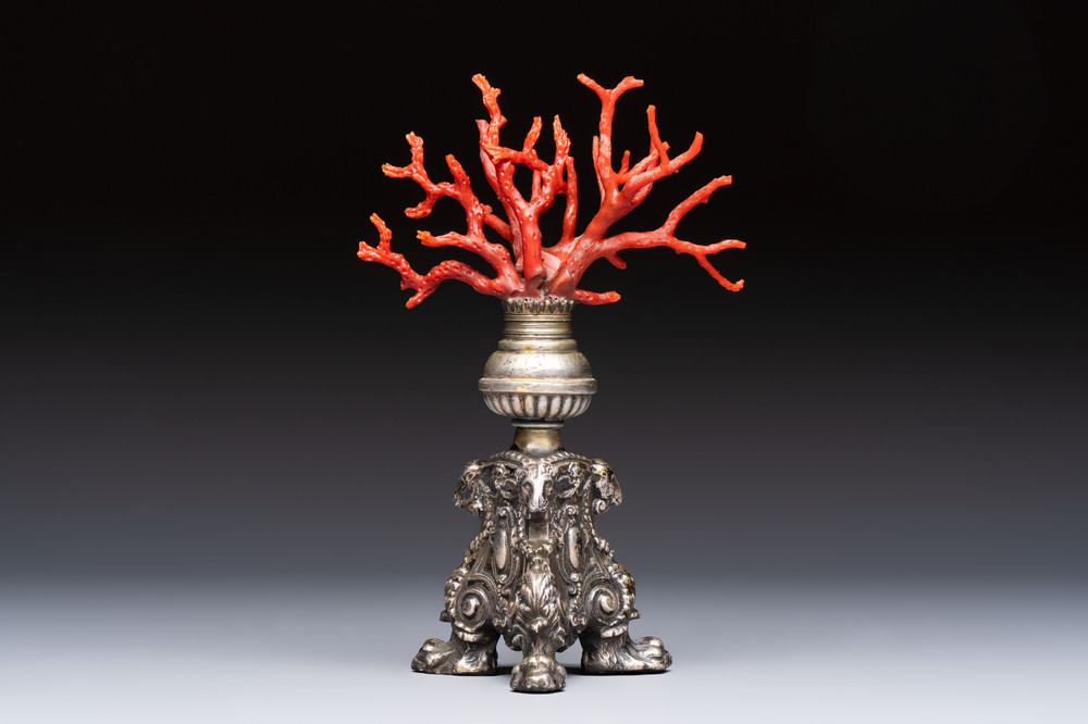 A &lsquo;Wunderkammer&rsquo; composition with red coral mounted on a silver-plated stand, Italy, 19th C.