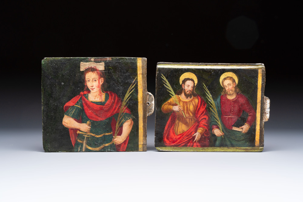A pair of Italian lead reliquary sliding doors depicting martyr saints, 17/18th C.