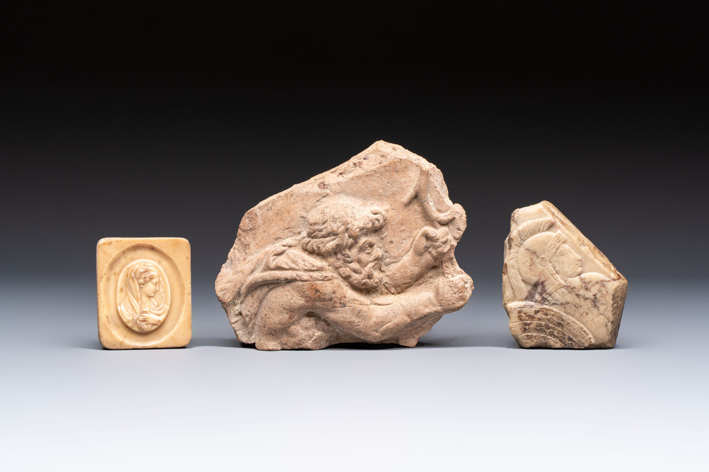 Three Greek and Roman archeological fragments, 6th C. B.C./19th C.