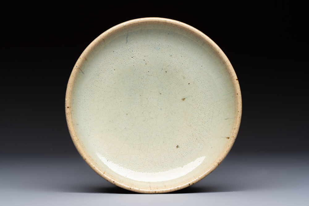 A Chinese green 'Jun' plate, Tian Hu Shan 天湖山 mark, Yuan