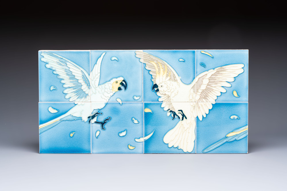 An Art Nouveau 'Cockatoos' tile mural, Gilliot et Cie., Hemiksem, 19/20th C.
