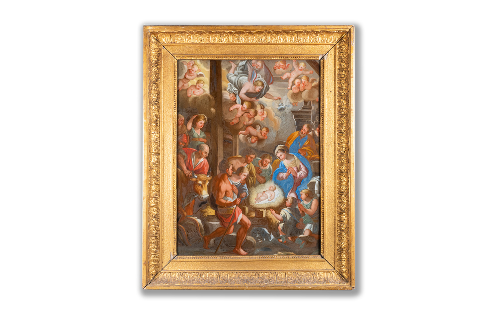 Italian school: 'A Nativity Scene', reverse glass painting, 18th C.