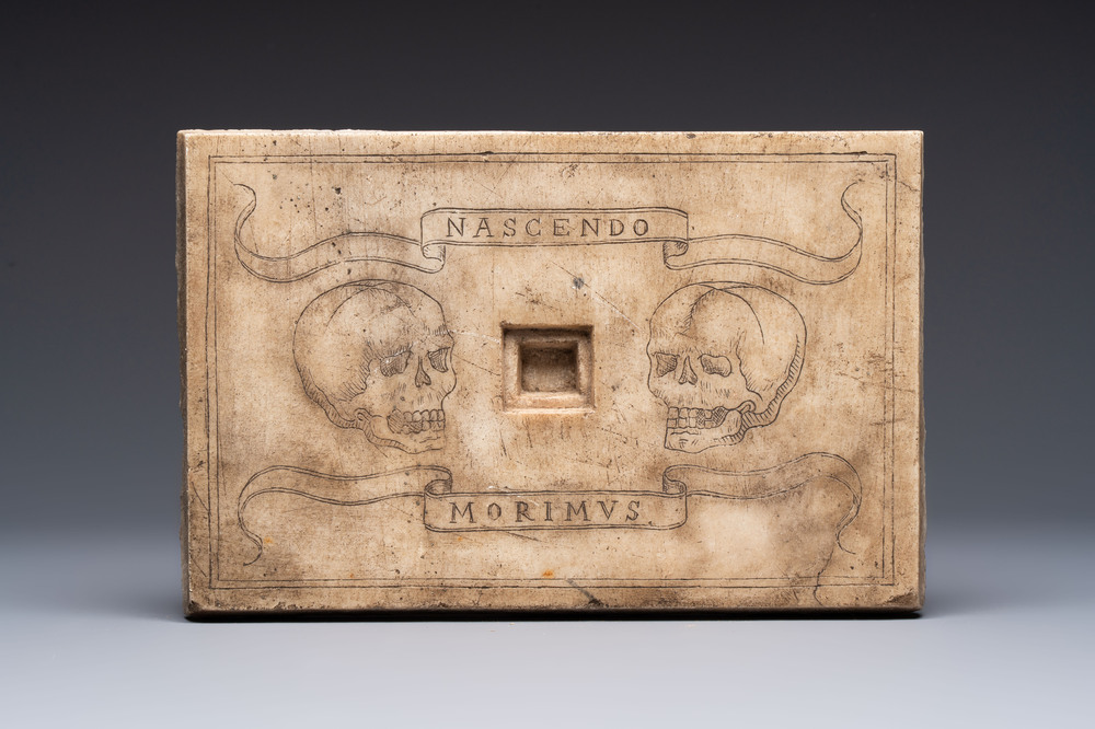 An Italian ecclesiastical marble altar plaque with 'Memento Mori' engraving, 19th C.