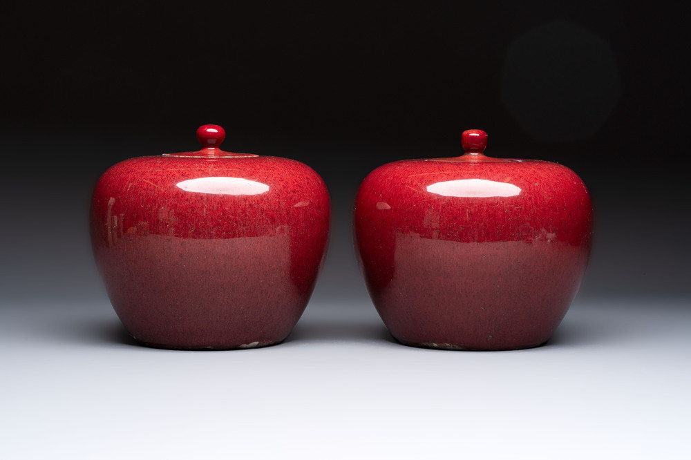 A pair of Chinese flamb&eacute;-glazed jars and covers, 19th C.