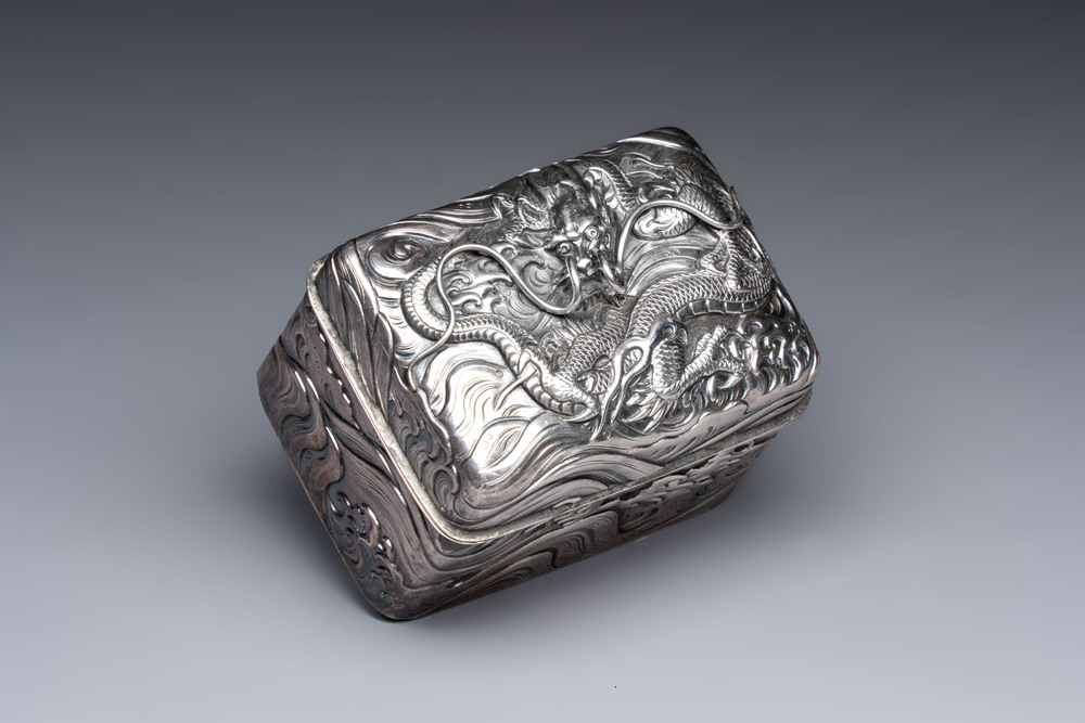 A fine Japanese silver 'Dragon' box, 19th C.