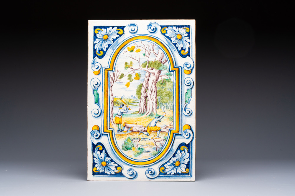 A polychrome Winterthur faience stovetop tile with a pastoral scene, Switzerland, 17th C.