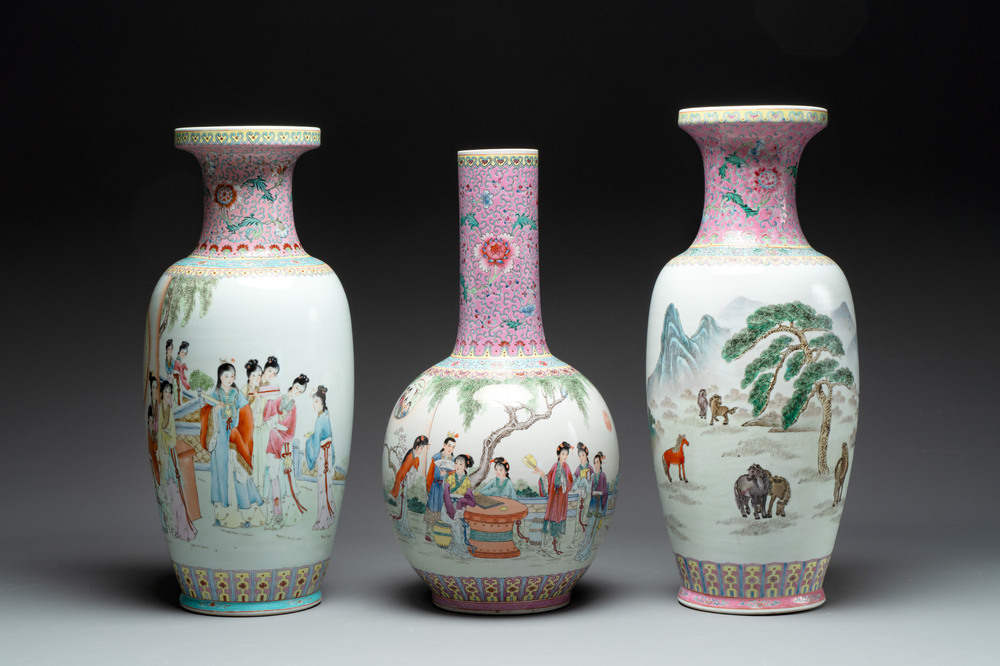 Three Chinese famille rose vases with elegant beauties and horses, Qianlong marks, 20th C.