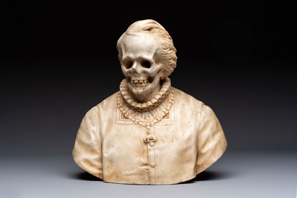 A carved marble 'Vanitas' or 'Memento Mori' bust, Italy, 18/19th C.