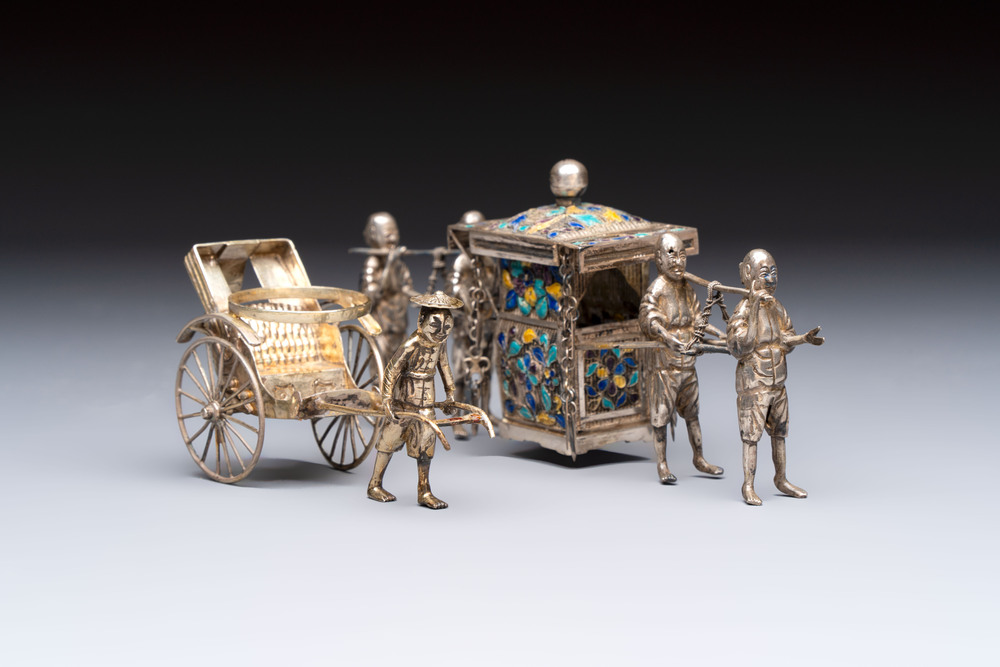 A Chinese enamelled silver model of four bearers and a silver model of a bearer, Guang Sheng Yuan 廣生源 and Yan Ji 衍記 mark, 19th C.