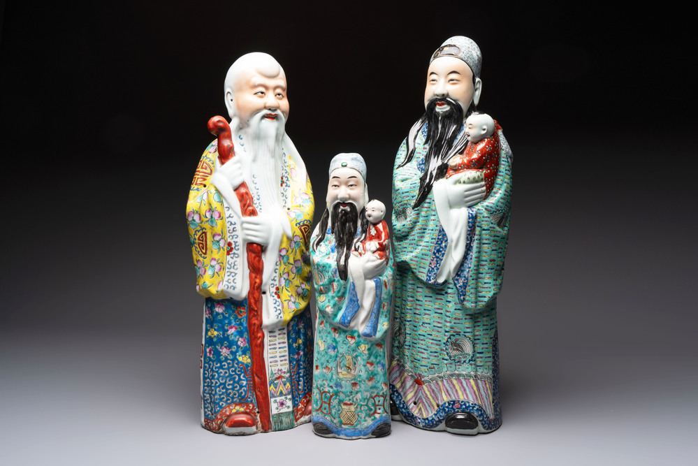 Three Chinese famille rose figures of the star gods, Mao Ji Sheng 茂記生 and You Long Sheng 游隆盛 mark, 19/20th C.