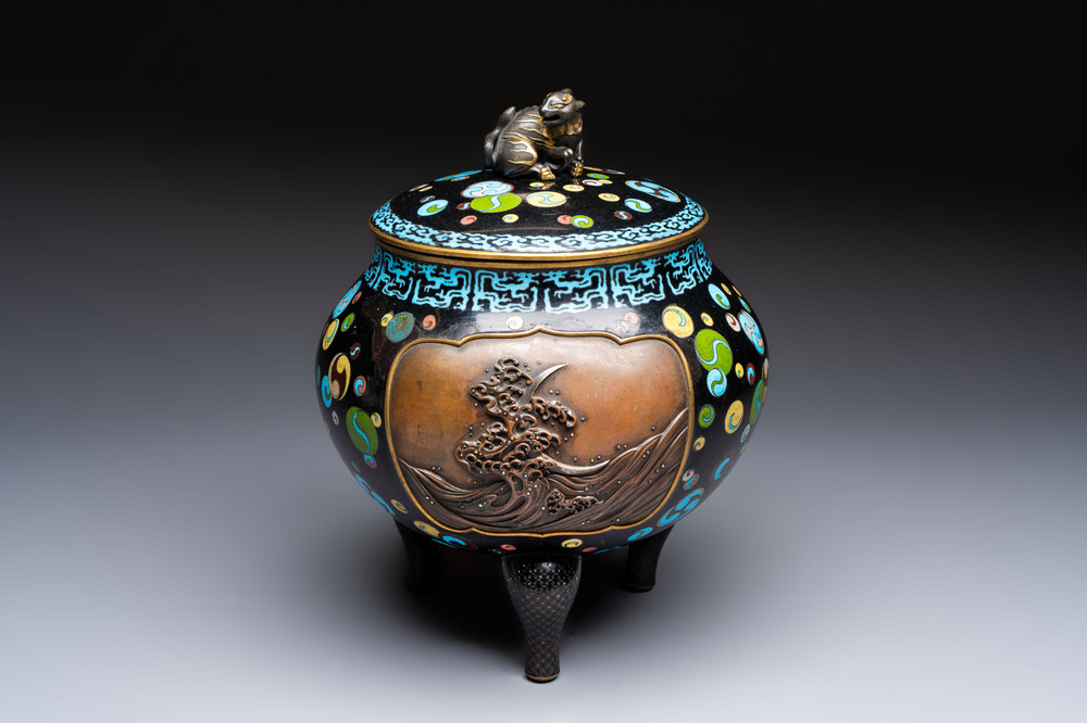 A fine Japanese cloisonn&eacute; tripod censer and cover with a mythical-animal-form finial, Meiji, 19th C.